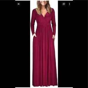 OUGES LONG SLEEV V NECK WRAP WAIST MAXI JERSEY KNIT IN CRANBERRY